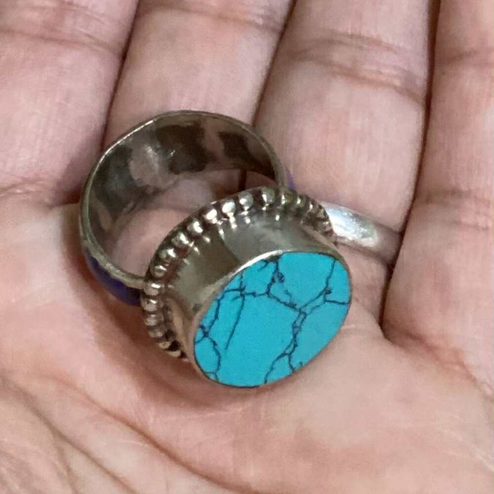 Natural Handmade Turquoise Round Tibetan Himalayan Ring – Size 9